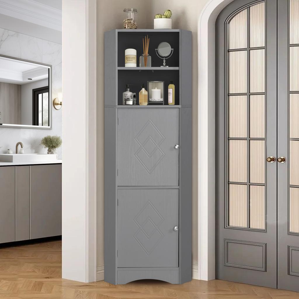Bathroom Cabinet, Corner Cabinet with Two Storage Compartments, Open Compartment with Adjustable Shelf, 36.5x 36.5 x 155 cm, Light Grey