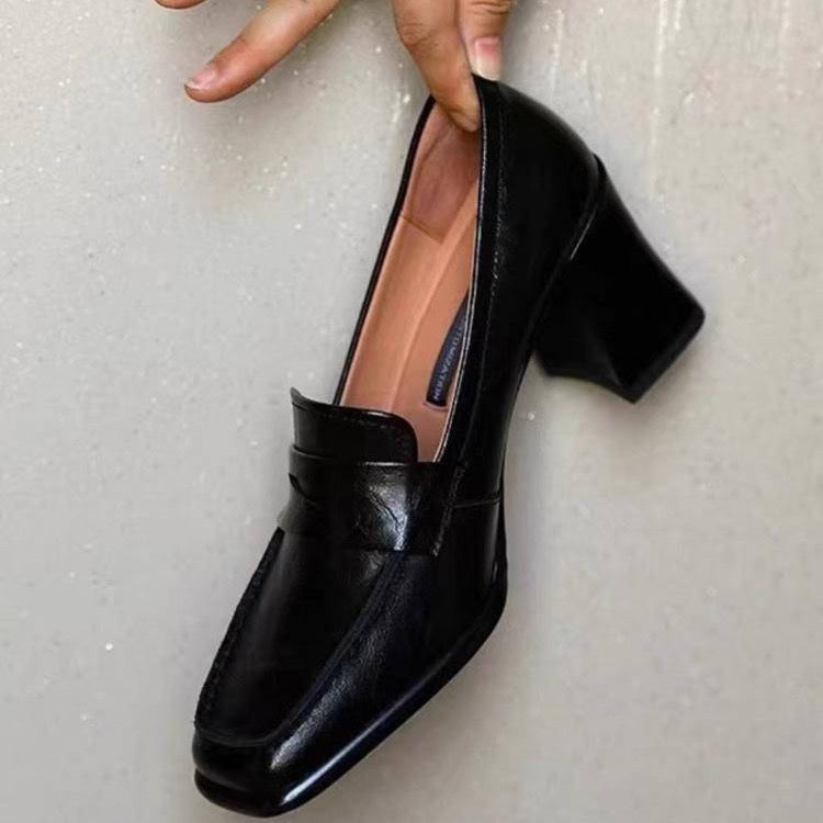 Лоферы женские юбка толстый каблук высокие каблуки британский стиль маленькие кожаные туфли удобные темперамент квадратный нос новые черные одинарные туфли