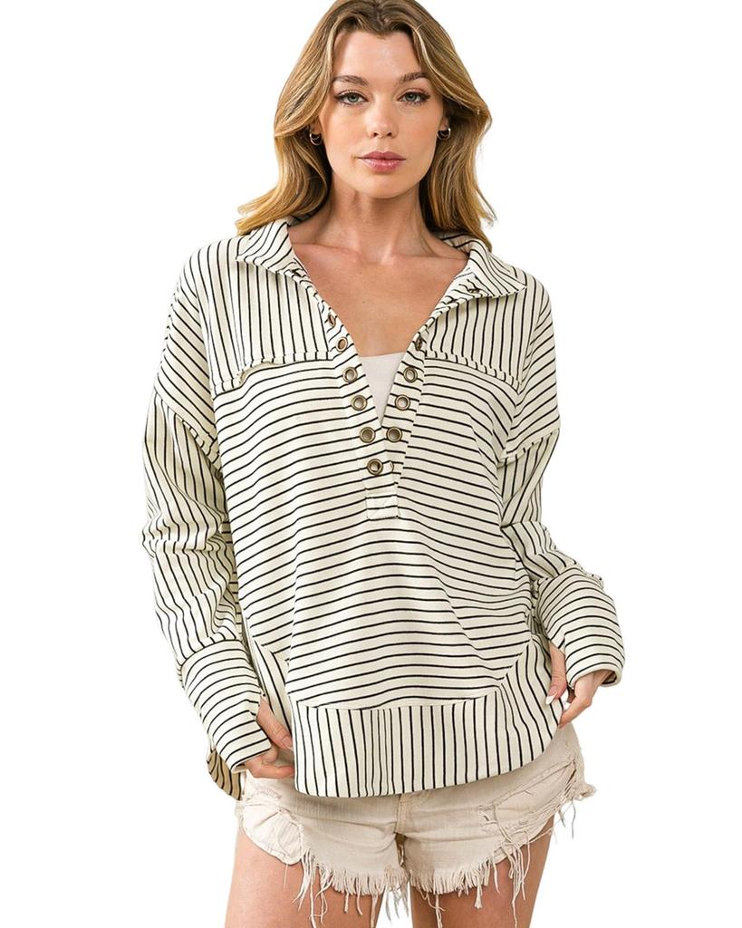 Azura Exchange Striped Thumbhole Drop Shoulder V Neck Top