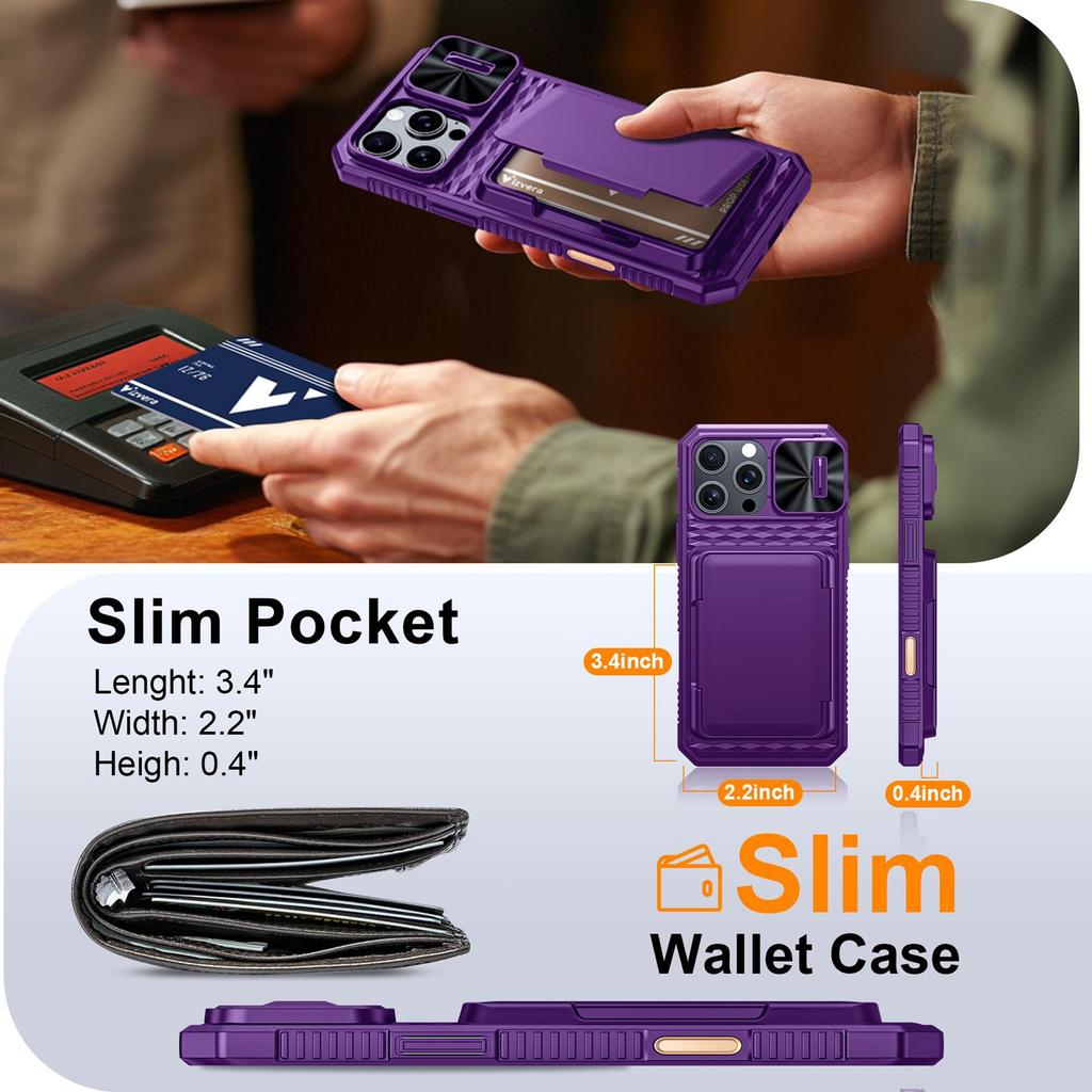 With Card Holder Sliding Camera Cover And Stand For iPhone 16 Pro Max Phone Case, Anti-Fall PC+TPU Wallet Case-Purple