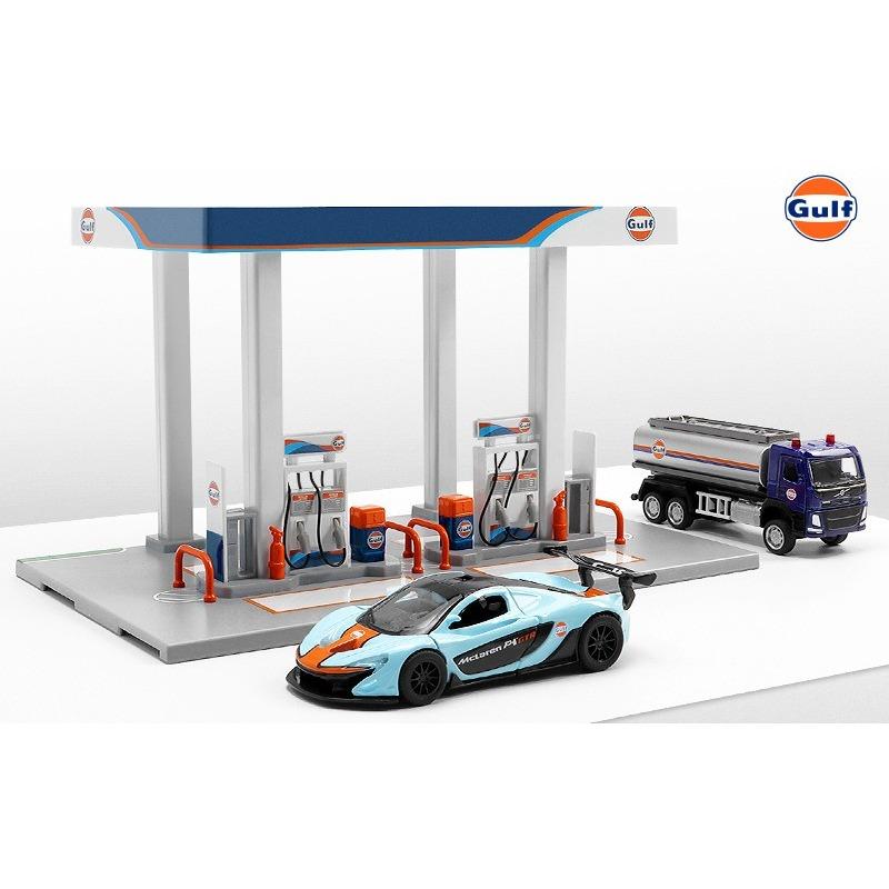 1/43 1/64 Bay Gas Station Assembly Model Children's Toy Scene Alloy Car Set, Suitable for Boys Over 3 Years Old