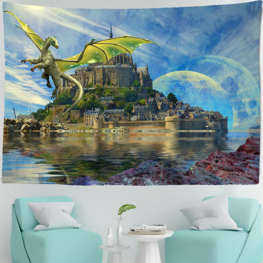Летающий Дракон Сказочный Замок Гобелен Настенный Богемный Картина Маслом Хиппи Ковер Детская Комната Общежитие Семейный Декор