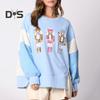 Women Christmas Sweatshirt Sequin Cartoon Pattern Slit Hem Colorblock Round Neck Long Sleeve Loose Mid Length Pullover Party Holiday Top
