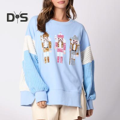 Женская рождественская толстовка с пайетками, мультяшным рисунком, разрезом по низу, цветным блоком, круглым вырезом, длинным рукавом, свободным пуловером средней длины, праздничным топом для вечеринки