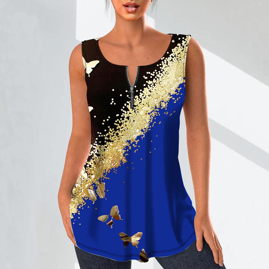 Женская мода, рубашки с v-образным вырезом, повседневные топы, футболка, женский жилет с 3D принтом золотой бабочки, блузка без рукавов больших размеров, топы на бретелях