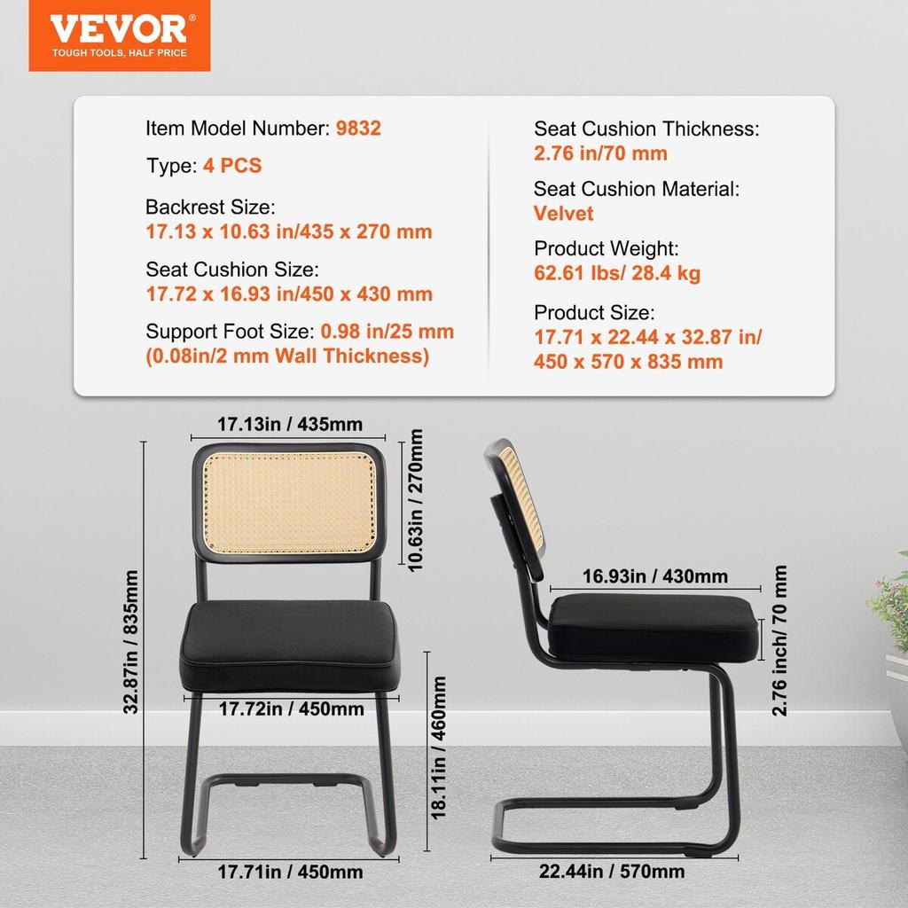 Rattan Chairs, Set of 4, Mid Century Modern Dining Chair, Upholstered Velvet Accent Chair with Rattan Back, Retro Dining Room Kitchen Chair for Living