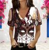 Women Plus Size V Neck Cold Shoulder Short Sleeve Burgundy White Masquerade Mask Print Top