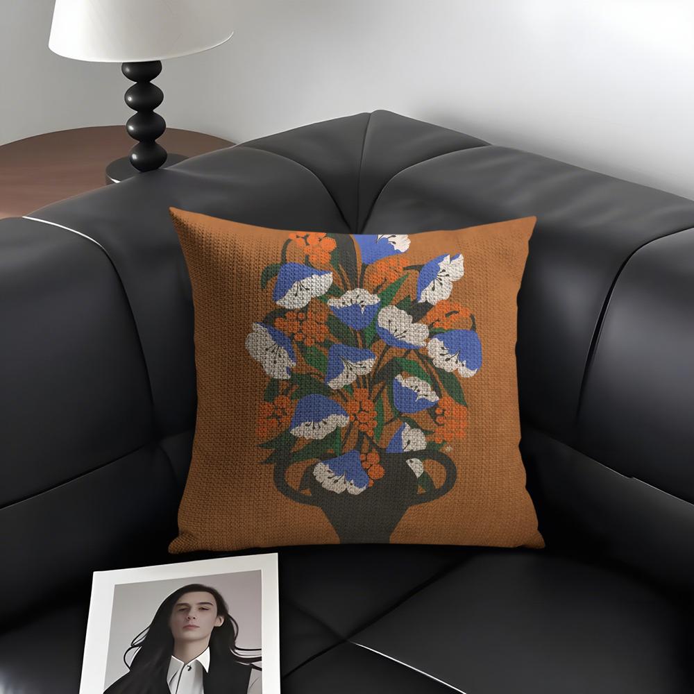 Vintage Vase Print Cushion Cover Natural Linen Organic Fabric DoubleSided Printing Sofa Home Decor Gift Pillow Case