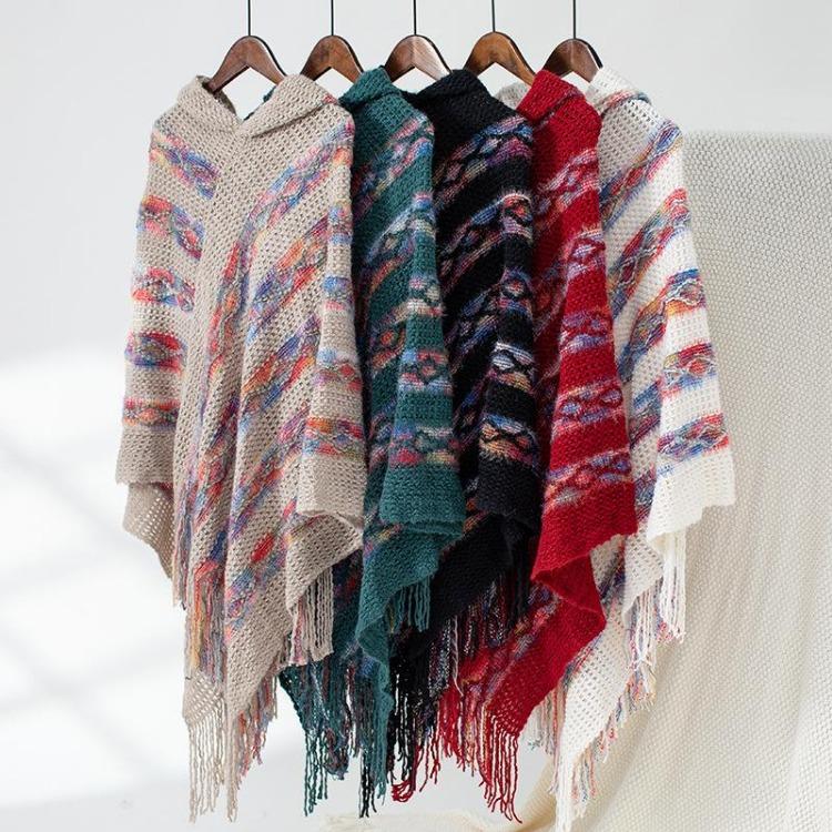 Women Winter Hooded V Neck Loose Knitwear Sweater Bat Sleeve Cardigan Autumn Cross Border Print Cloak