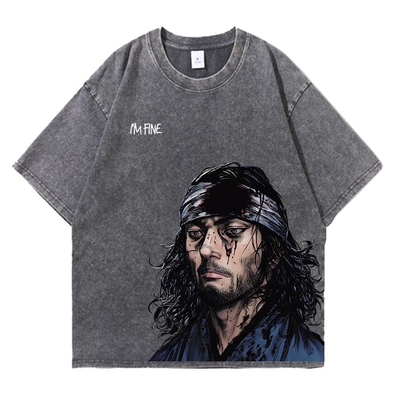 Аниме Футболки Vagabond с кислотной стиркой Мужские Винтажные Футболки с вываркой Оверсайз Хлопковая Футболка Хлопковая Мода Уличная Одежда Унисекс Топ