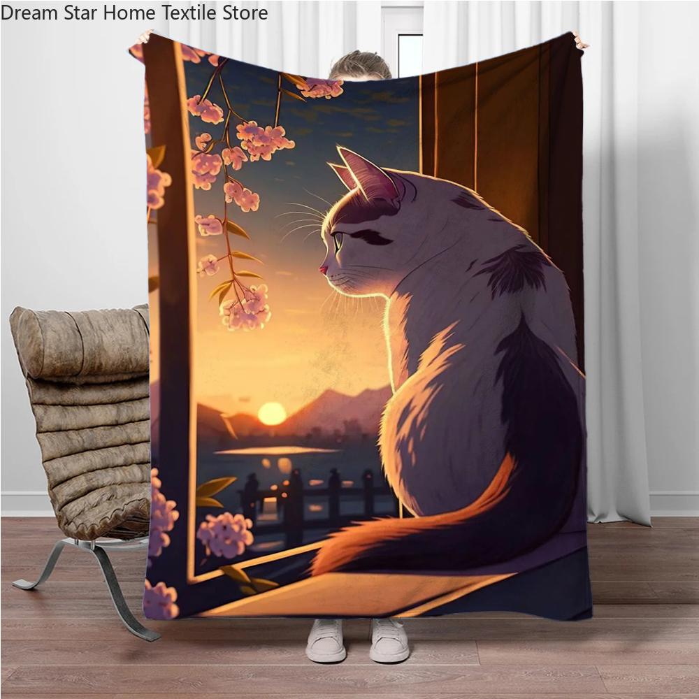 Cats Cherry Blossom Flannel Blanket Children Warm Soft Blanket for Sofa Bed Cover Blanket Suitable for Birthday Souvenir Gifts