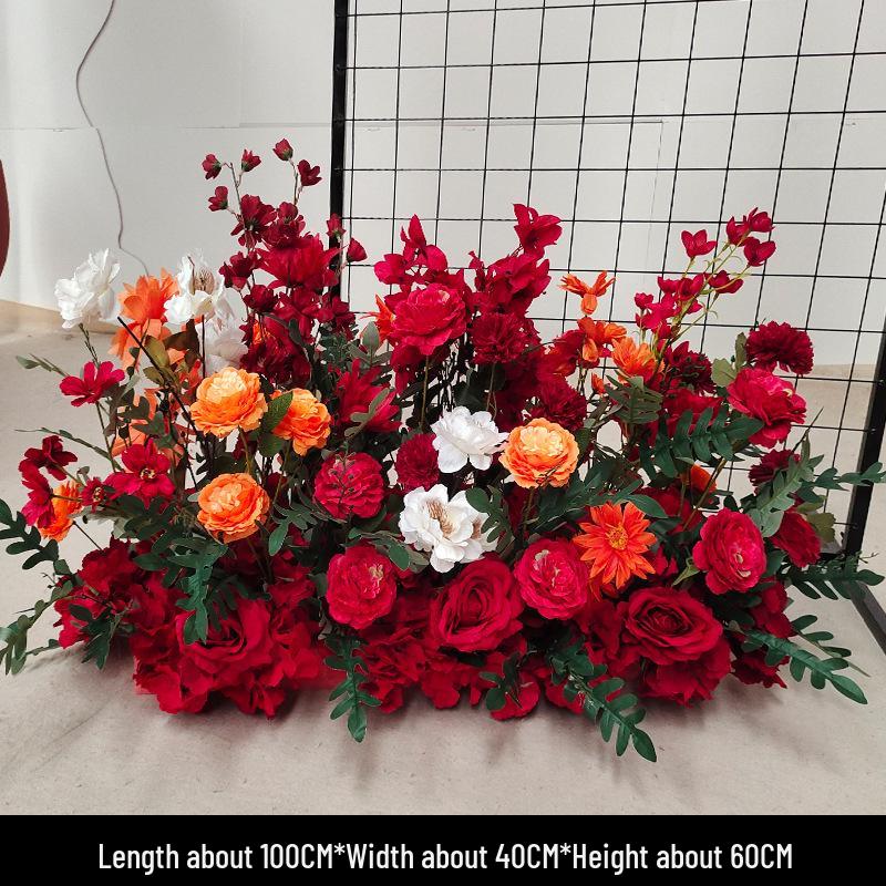 Red Floral Wedding Stage Backdrop with Artificial Flower Rows