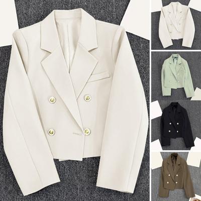 Весенний женский однобортный офисный укороченный блейзер с лацканами, однотонный двойной пиджак с длинными рукавами, костюм, пальто