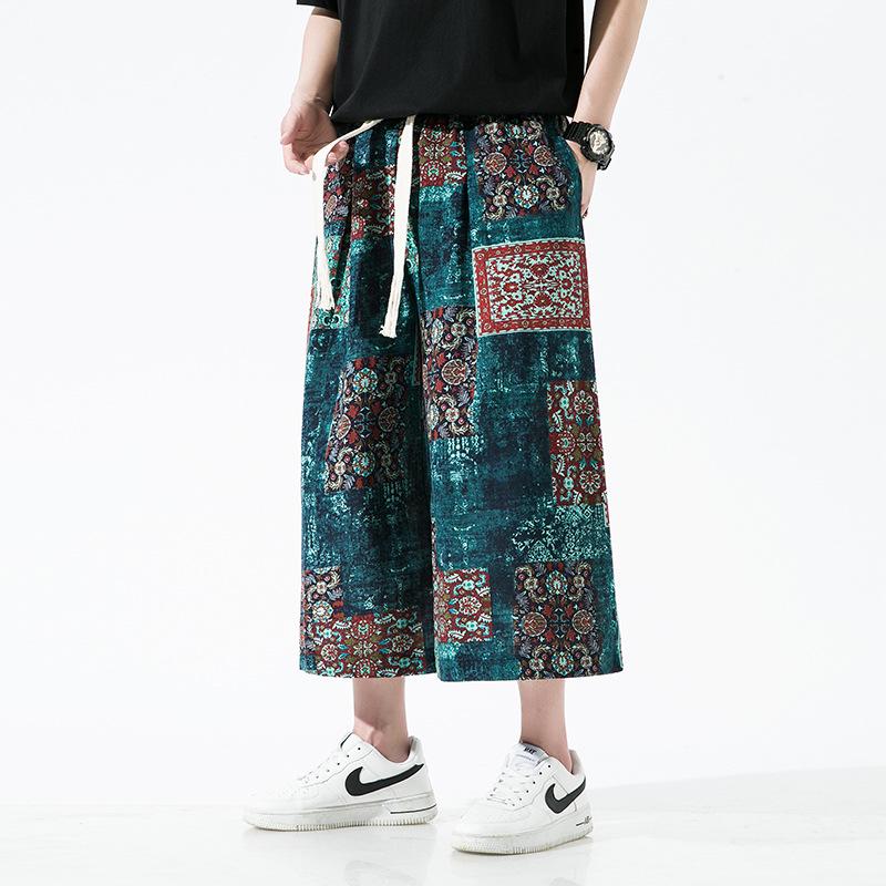 2022 Мужские летние капри из хлопка и льна с китайским принтом, больших размеров, в повседневном стиле с широкими штанинами