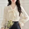 Новая мода осень 2024 года длинный рукав шнуровка бант воротник кружева шифон блузка рубашка женские топы блузки рубашки J420
