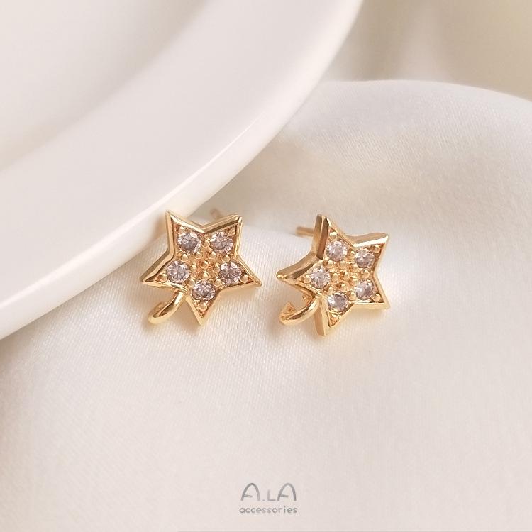 Серьги-кольца 'Звезда' из золота 14 карат с цирконами, серебряным штифтом 925 пробы и петлей для подвешивания 'Сделай сам'