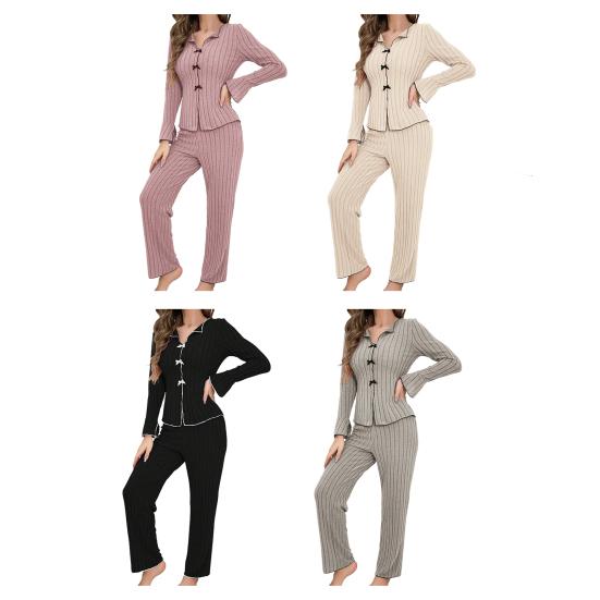 Женский пижамный комплект из 2 предметов: топ с длинным рукавом и бантом и длинные брюки. Комплект для сна, повседневная осенняя домашняя одежда.