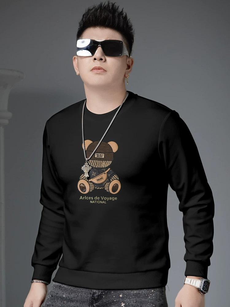 European Trendy Bear Embroidery Crew Neck Sweatshirt for Men 2025 New Autumn Long-Sleeve Pullover Top