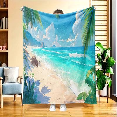 1pc of Sea Breeze Coconut Shadow Flannel Blanket, High-definition Digital Print, All-season Use, Cooling Blanket, Skin-friendly Soft 100% Polyester, T