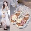 Small fresh and sweet pearl flower sandals women's 2024 summer new thick-soled versatile one-word open-toed student beach shoes