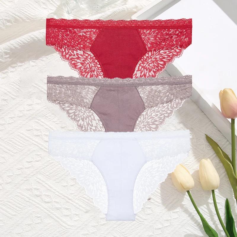 3Pcs/Set Women Sexy Lace Panties Transprant Hollow Out Low Waist Briefs Female Solid Soft Breathable Comfort Underwear Lingerie