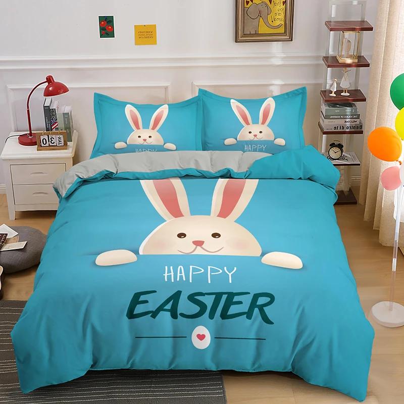 Happy Easter Egg Rabbit King Queen Duvet Cover Cartoon Lovely Bunny Bedding Set Pet Animal Comforter Cover Polyester Quilt Cover