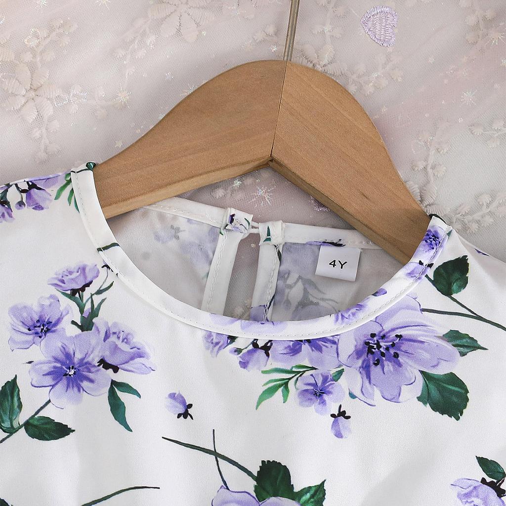 Summer Baby Girl Dresses Child Fresh Cute Dresses Children 4-8Y Flower Printed Fly Sleeve Tops Mesh Dresses