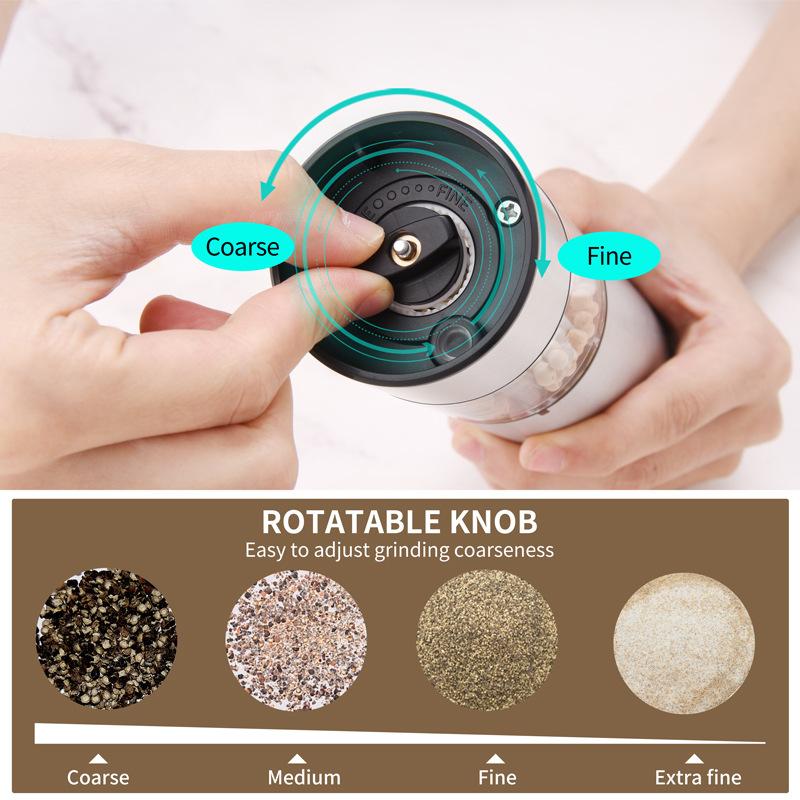 Электрическая мельница для перца из нержавеющей стали с регулируемой степенью помола, мельница для перца и соли на батарейках со светодиодной подсветкой