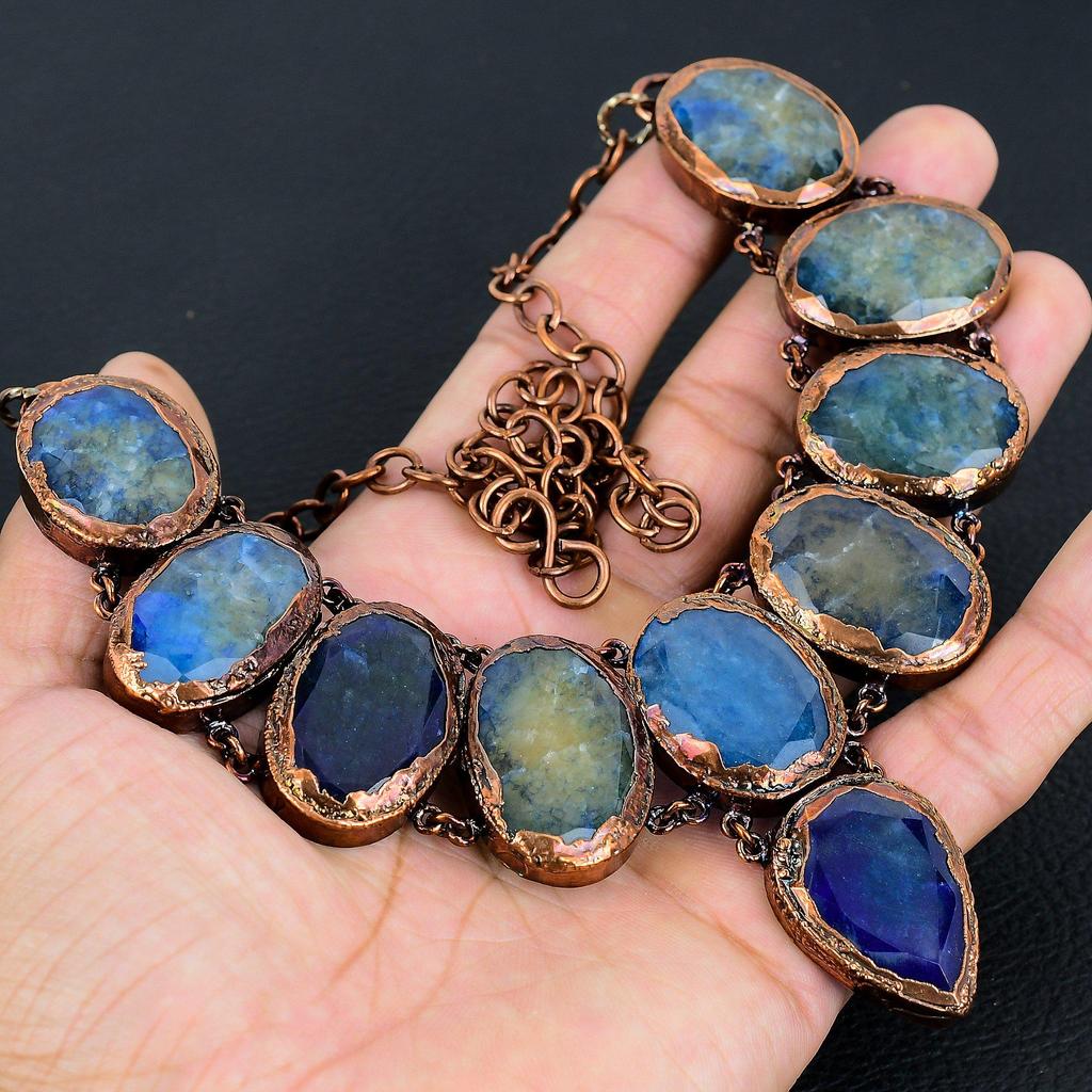 Blue Sapphire Necklace, Handmade Gemstone Necklace, Copper Electroformed Necklace Antique Jewelry, For Engagement Gift