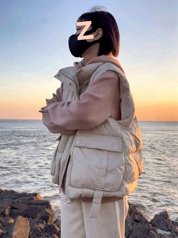 Глянцевый пуховый жилет без стирки для женщин - Осень/Зима, воротник-стойка, без рукавов, модная верхняя одежда