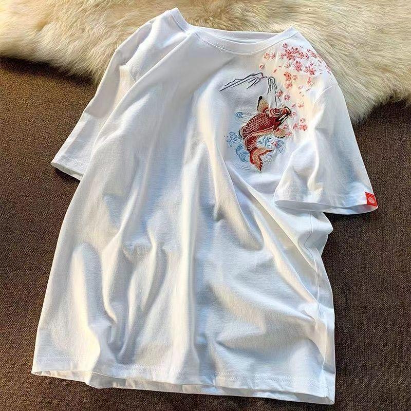 Весенне-летняя национальная приливная хлопковая футболка в китайском стиле с вышивкой карпа и короткими рукавами, свободная мужская и женская пара, большой размер-300 кошачьих