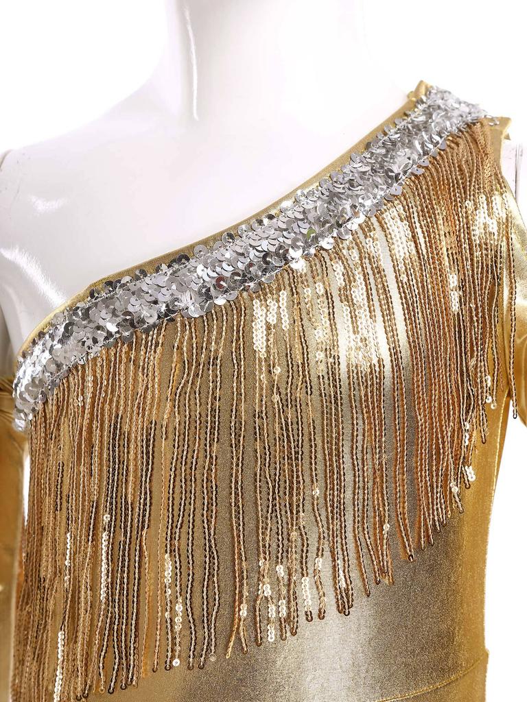 Девочки: Комбинезон для конкурса и сцены: Металлический блестящий комбинезон с открытыми плечами, с пайеточными кисточками и расклешенными штанинами для диско