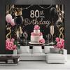 2D Black Gold 80th Birthday Backdrop with Cake, Champagne and Roses Photo Booth Banner