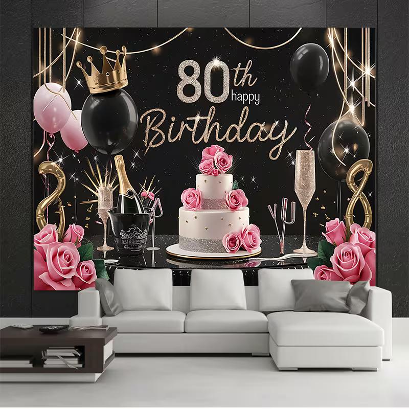 2D Black Gold 80th Birthday Backdrop with Cake, Champagne and Roses Photo Booth Banner