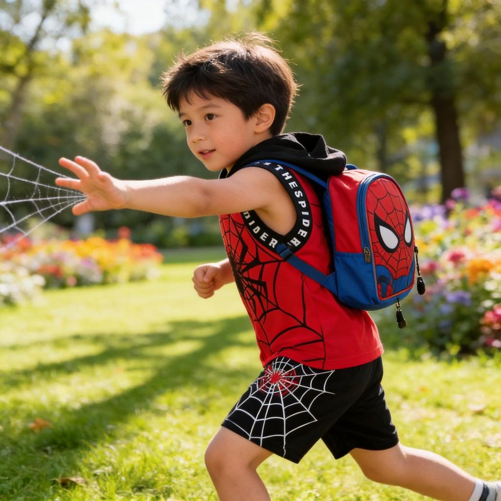 Spiderman Kids Short Sleeve Twopiece Set With Hoodie Cotton Summer Outfit For Children
