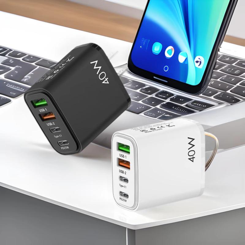 Многопортовое зарядное устройство 40 Вт с 2 портами USB и 2 портами PD, адаптер для вилки EU/US/UK