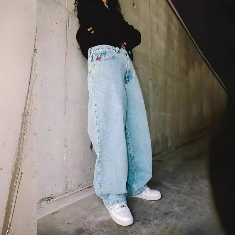 Y2K Hip Hop Wide Leg Jeans Men Loose Fit Straight Cut Denim Pants Fall Casual Streetwear