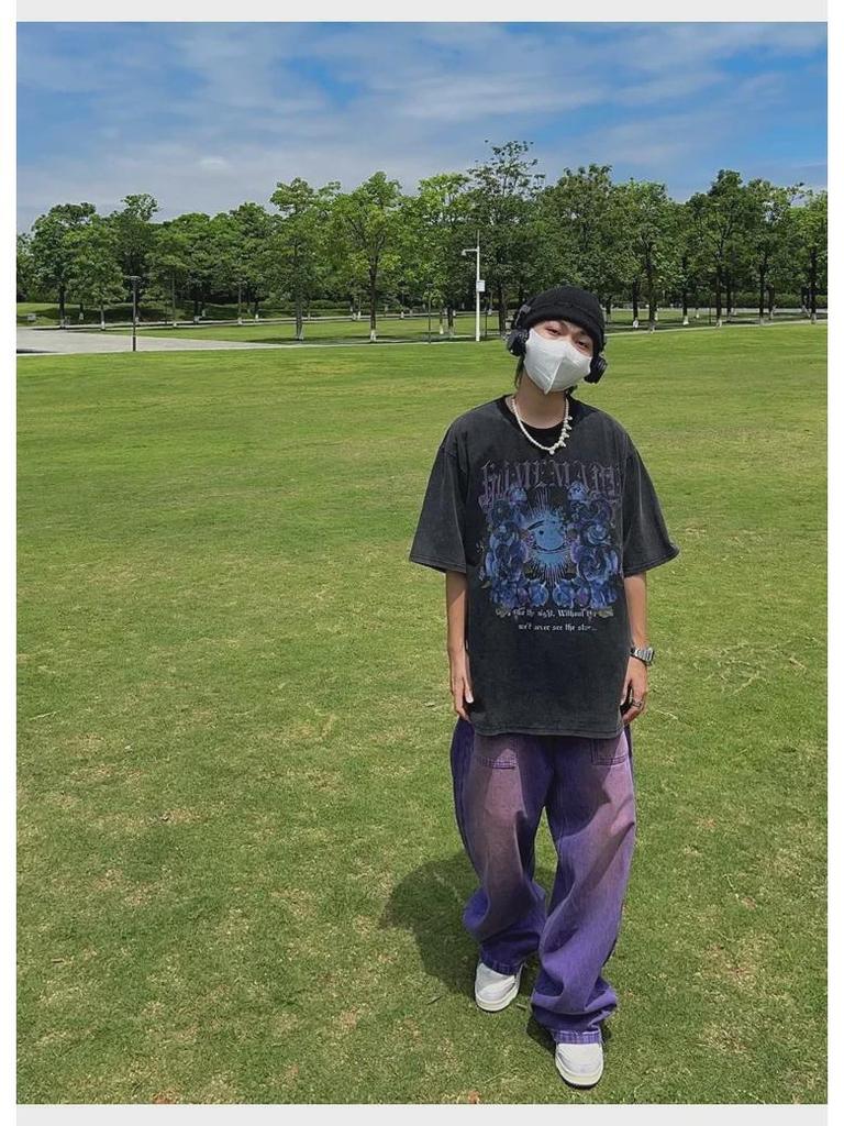 2023 Мужские джинсы в стиле ретро с широкими штанинами фиолетового цвета - Американская уличная мода в стиле хип-хоп