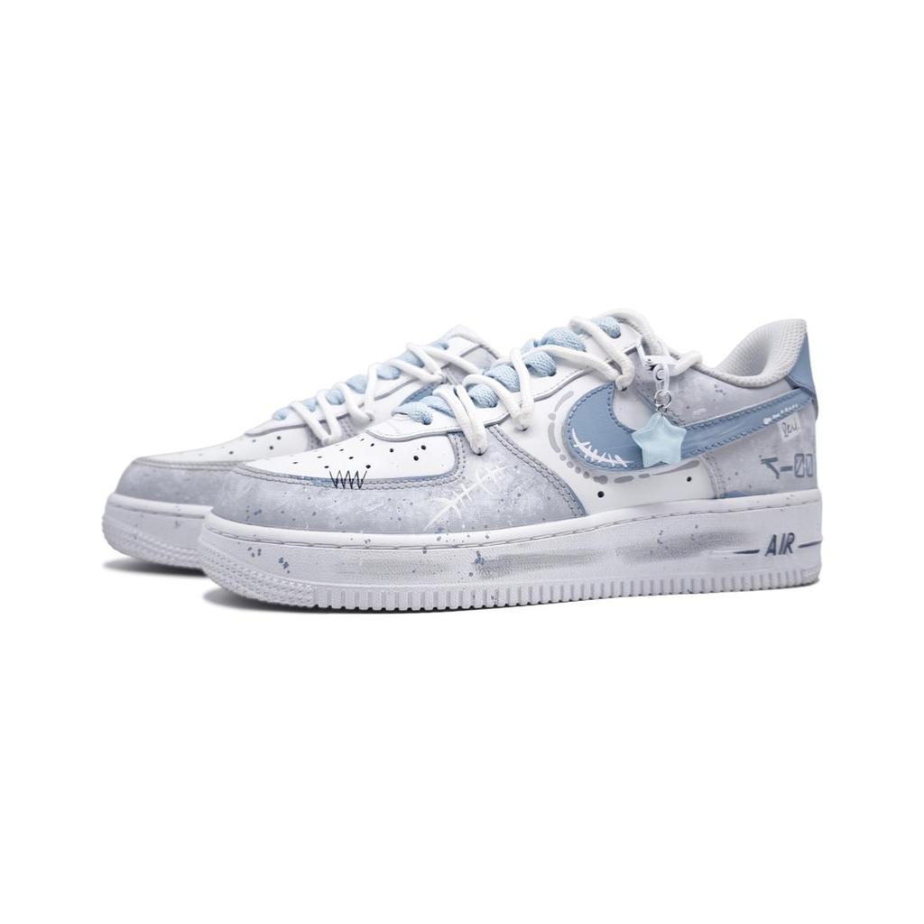Nike Air Force 1 Blue Star Flower Blue Slip Resistant Abrasion Resistant Low top Skateboard Shoes Unisex White Gray CW2288-111(Team998-)