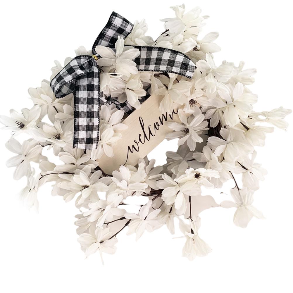 Artificial Flower Wreath White Dogwood Hanging Wreath Welcome Wreath DIY Decor for Front Door Home Wall Porch Patio