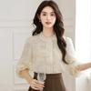 Мода осень 2024 длинный рукав воротник стойка бисер кружево шифон блузка рубашка женские топы блузки рубашки J427