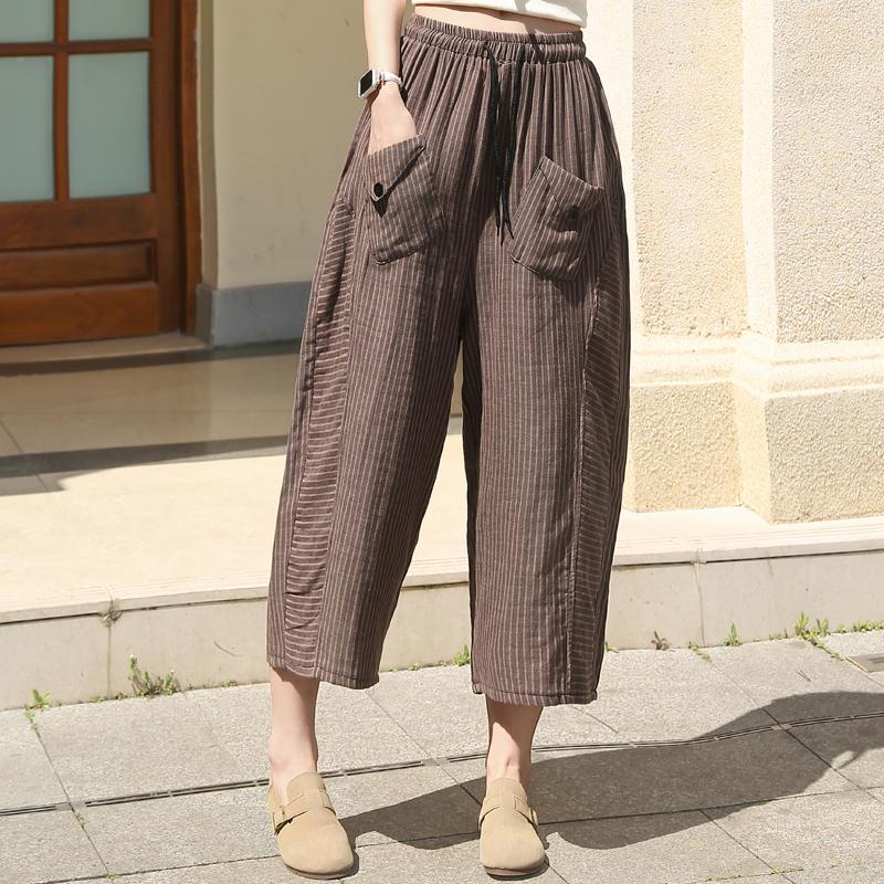 Повседневные летние полосатые брюки женские винтажные одежды больших размеров элегантные женские брюки с эластичной резинкой на талии