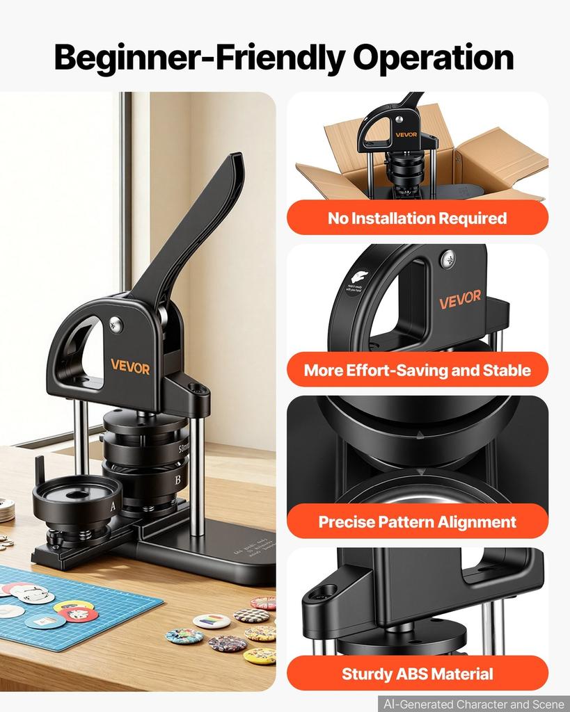 Button Maker Machine 1"/1.25"/2.25"(25/32/58 mm) Pin Maker Black, with 300pcs Button Parts, Circle Cutter and Magic Book, Ergonomic Handle, for DIY
