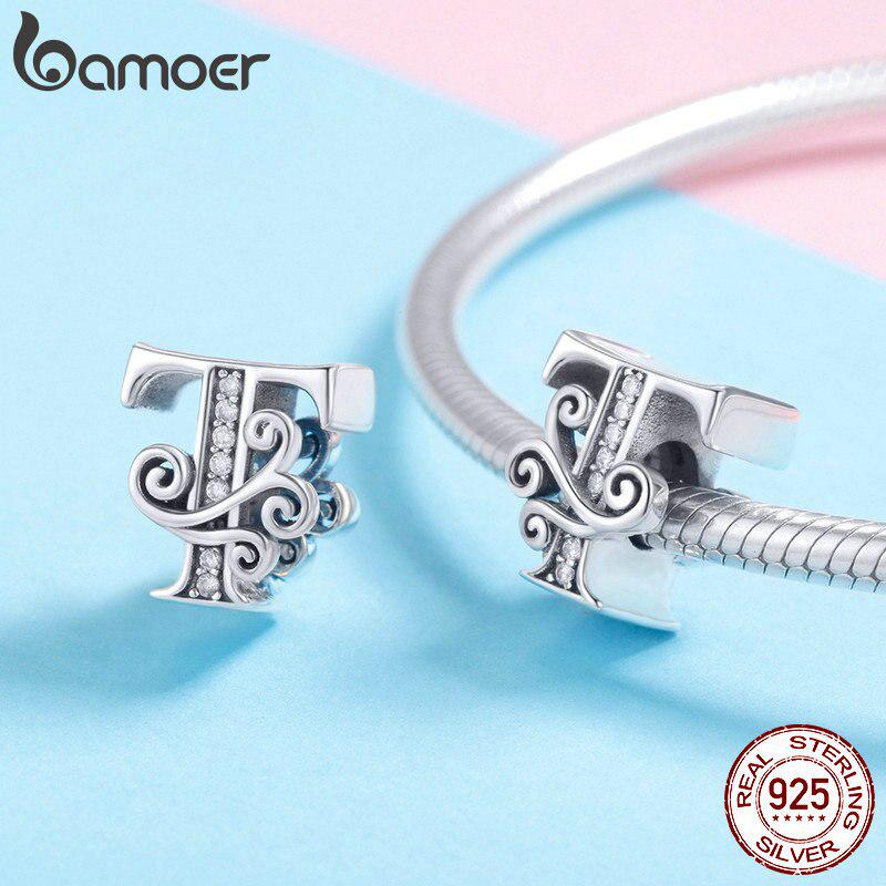 BAMOER Натуральная стерлингового серебра 925 пробы Буква T Алфавитные бусины Подвески подходят для браслетов и браслетов DIY
