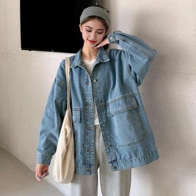 Женская джинсовая куртка в стиле ретро, однобортная, свободный отложной воротник, длинные рукава, однотонные карманы, женское пальто больших размеров для поездок на работу и шопинга