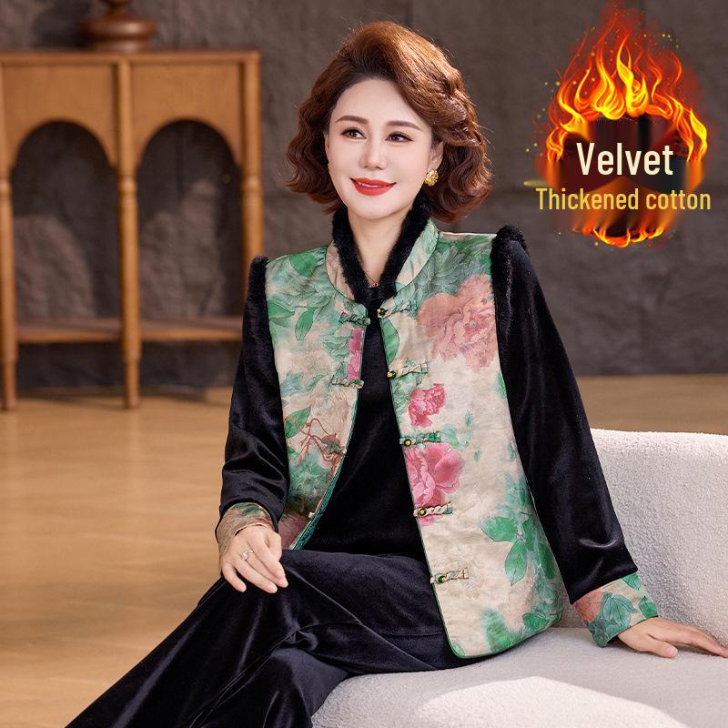 Новый зимний жилет в китайском стиле: Золотой велюровый комплект из 3 предметов для женщин среднего возраста