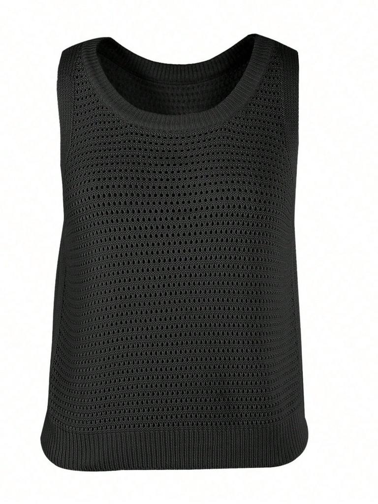 Women's Sleeveless Crochet Knit Tank Top Crew Neck Hollow Out Casual Summer Pullover