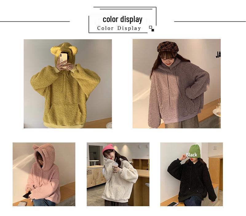 Женское худи большого размера из искусственной овечьей шерсти с ушками медведя - Свободный крой для осени/зимы