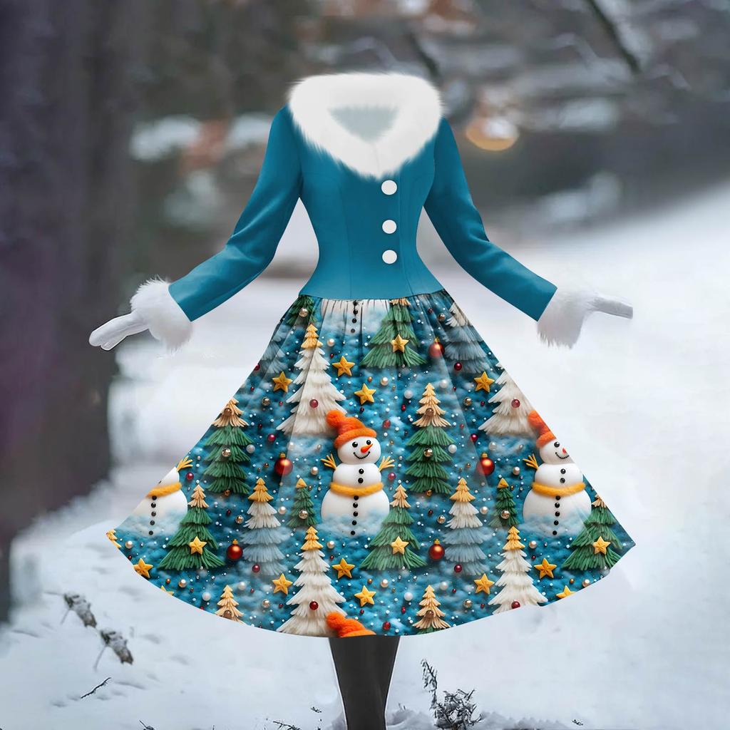 Женское повседневное платье с длинным рукавом, V-образным вырезом, лоскутным флисом и рождественским принтом