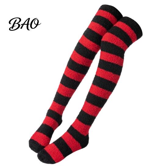 Warm Winter Sleep Socks Striped Plush for Women, Coral Fleece Thermal Socks, Soft Thickened Velvet Knee High Stockings, Sleeping Home And Casual Wear